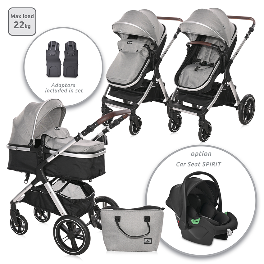 Carucior 2 in 1 - Carucior transformabil Viola, cu adaptori cos auto, pana la 22 kg, Opaline Grey, bebelorelli.ro
