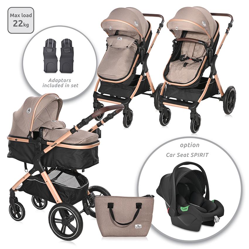 Carucior 2 in 1 - Carucior transformabil, Viola, cu adaptori cos auto, pana la 22 kg, Pearl Beige, bebelorelli.ro