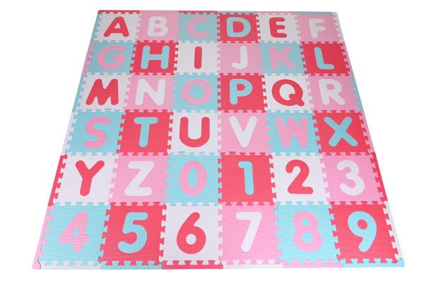 Covoare copii - Covoras puzzle colorat, Knorr Toys, 110 piese, 180x180 cm, din spuma moale Eva, izolator si antiderapant, 0 Luni+, Cifre si Litere Pink Rosa, bebelorelli.ro