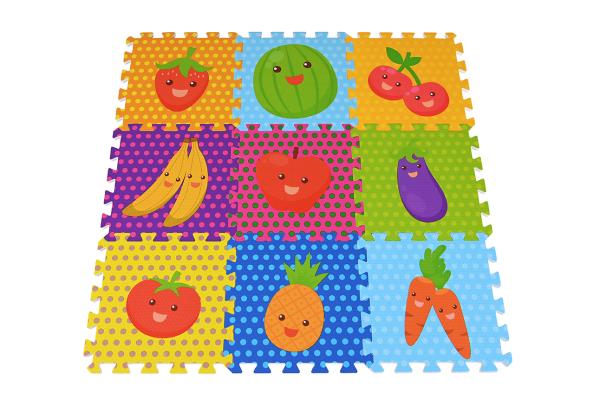 Covoare copii - Covoras puzzle colorat, Knorr Toys, 9 piese, 30x30x1 cm, din spuma moale Eva, izolator si antiderapant, 10 Luni+, Fructe, bebelorelli.ro