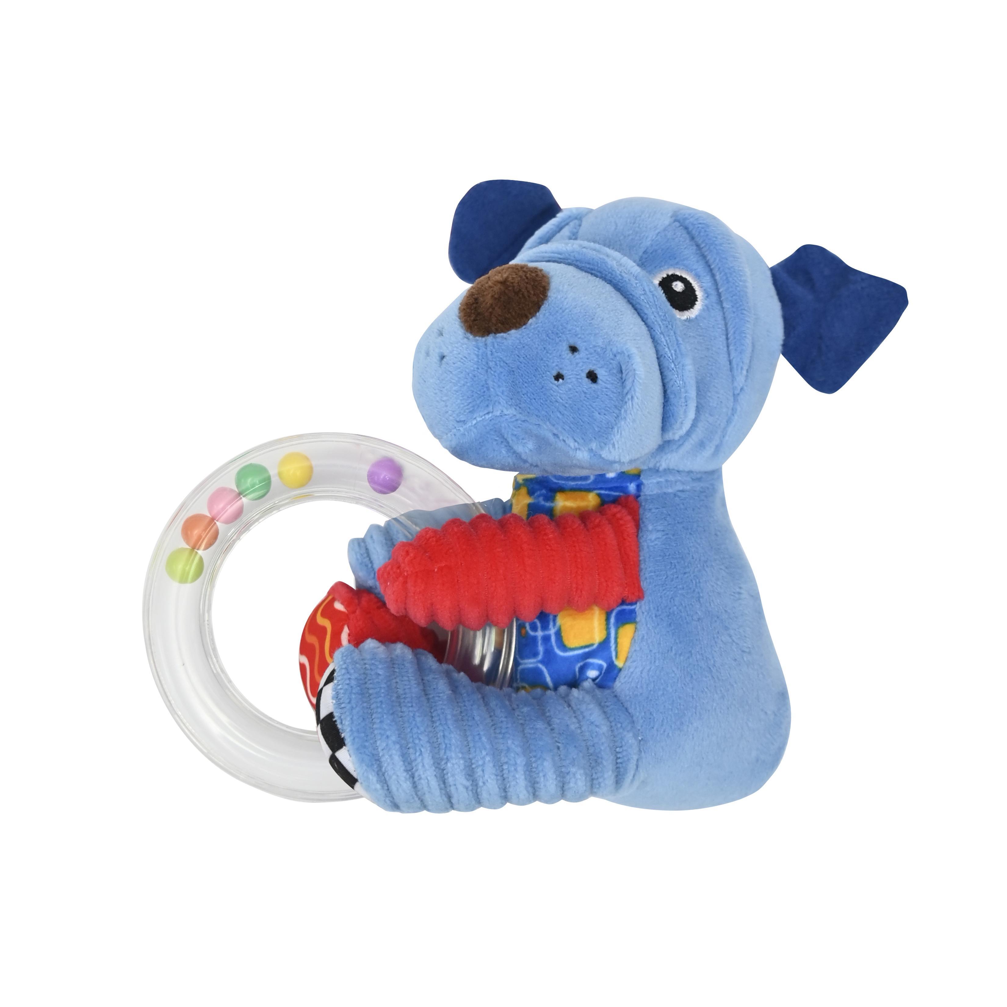 Jucarie de plus, 11 cm, cu inel si bilute zornaitoare, 0 luni+, catelus Lorelli Toys