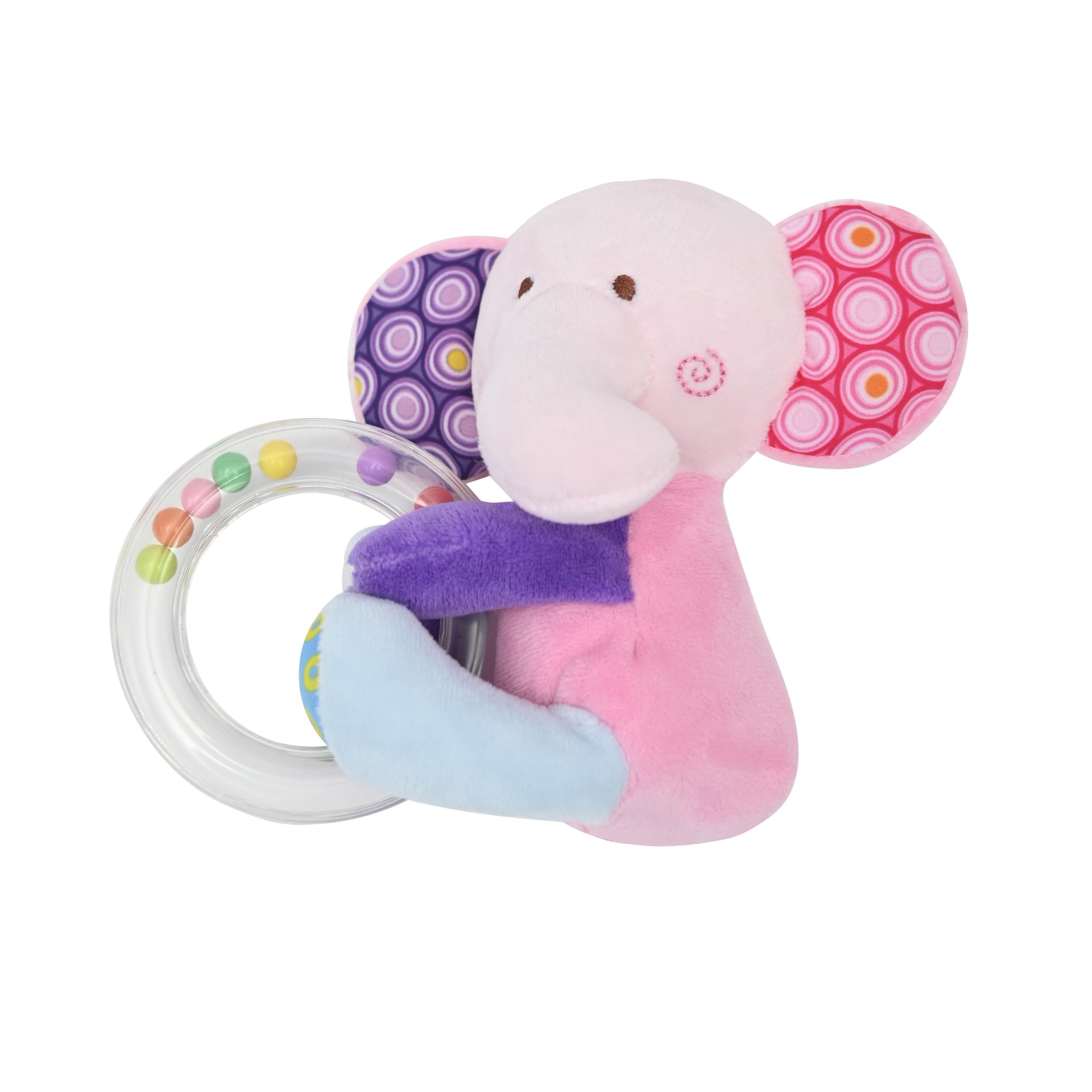 Jucarie de plus, 11 cm, cu inel si bilute zornaitoare, 0 luni+, elefant Lorelli Toys