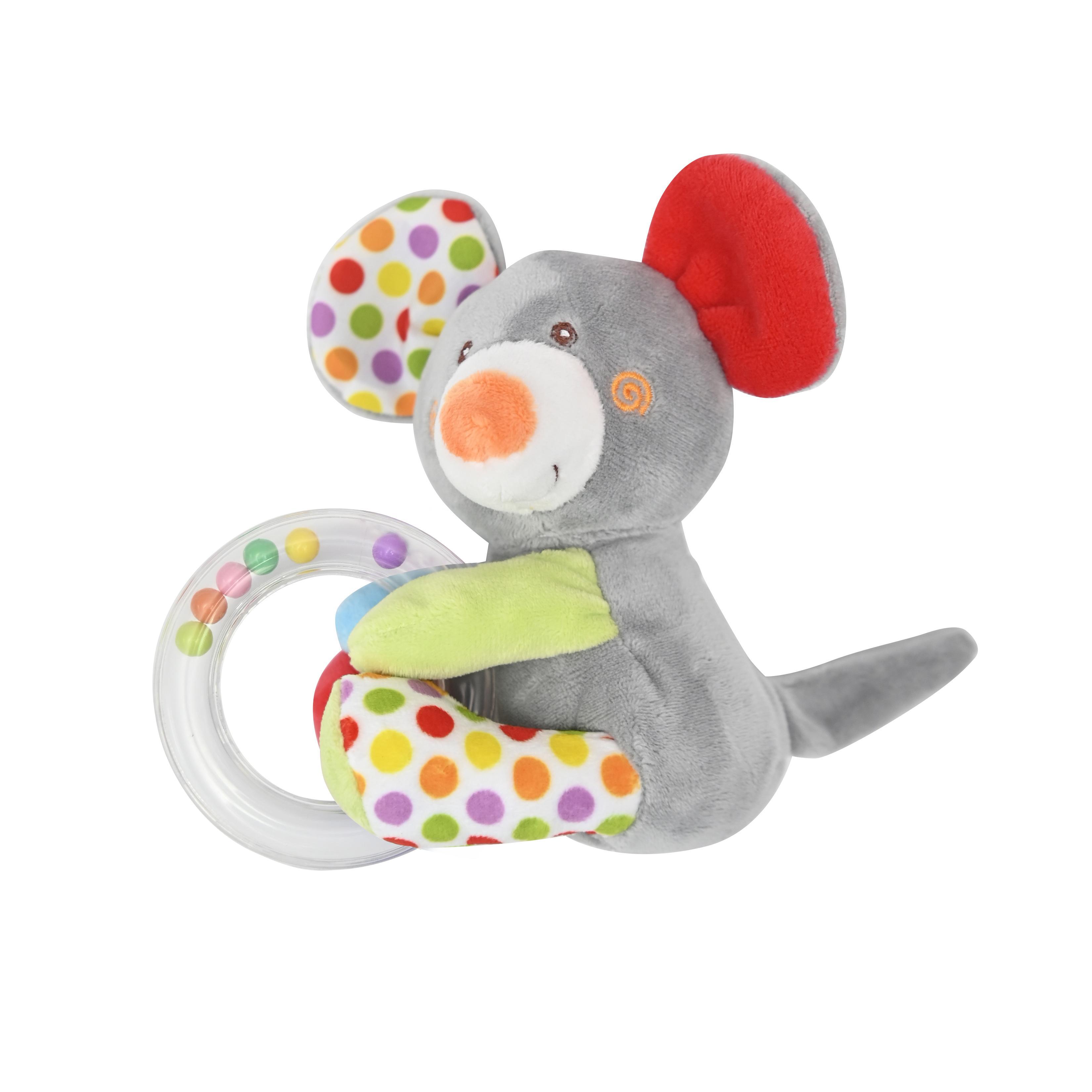 Jucarie de plus, 11 cm, cu inel si bilute zornaitoare, 0 luni+, soricel Lorelli Toys