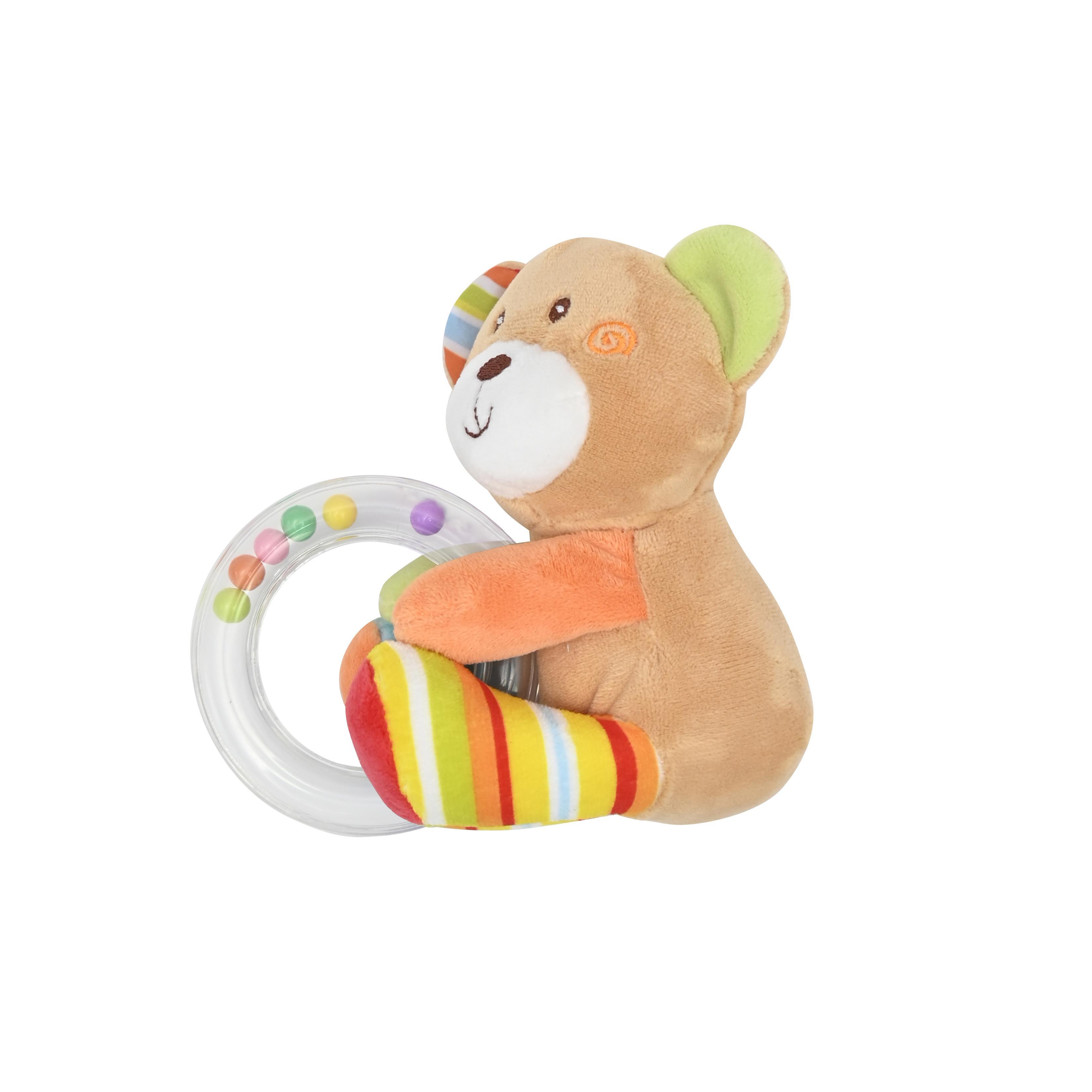 Jucarie de plus, 11 cm, cu inel si bilute zornaitoare, 0 luni+, ursulet Lorelli Toys