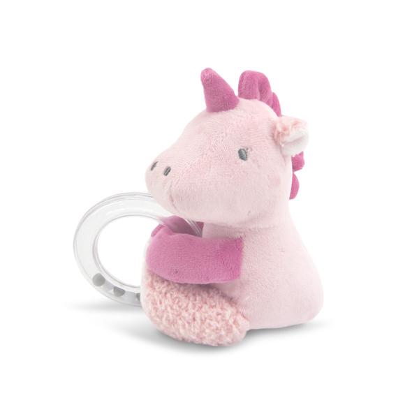 Jucarii din plus - Jucarie de plus, Unicorn roz, 11 cm, cu inel si bilute zornaitoare, 0 luni+, bebelorelli.ro