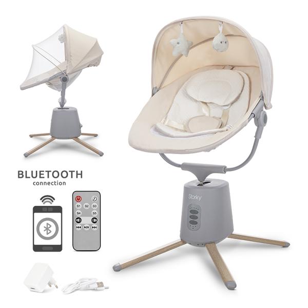 Leagane electrice - Leagan electric pentru bebelusi, Storky, Bluetooth, telecomanda, 5 viteze de leganare, potrivit 0-6 luni, Beige, bebelorelli.ro