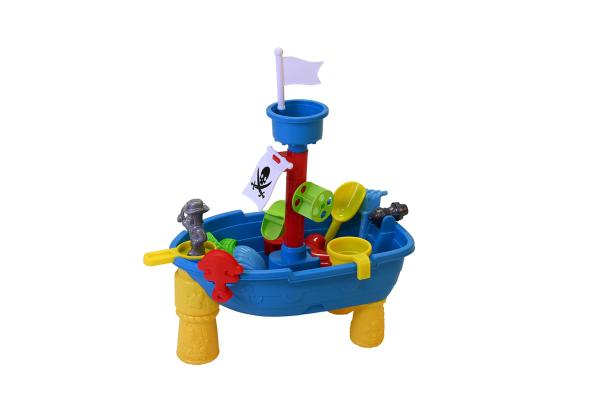 Jucarii interactive - Masuta pliabila Vapor de joaca cu nisip si apa pentru copii, Knorr Toys, include lopatica, multiple forme pentru nisip, 2 cadite pentru apa, 51x31,5x58 cm, 3 ani+, Corabia Piratilor, bebelorelli.ro