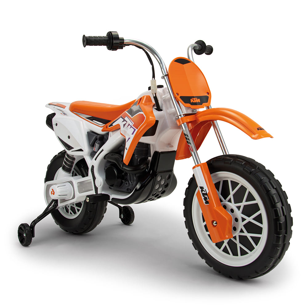 Vehicule electrice pentru copii - Motocross electric pentru copii Injusa, licenta KTM, 12V, roti stabilizatoare, baterie si incarcator incluse, 3 ani+, Portocaliu cu Alb, bebelorelli.ro