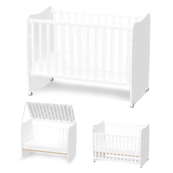 Patuturi si mobiliere din lemn - Patut bebe, Stars, 60 x 120 cm, cu functie de leganare, transformabil in casuta, White, bebelorelli.ro