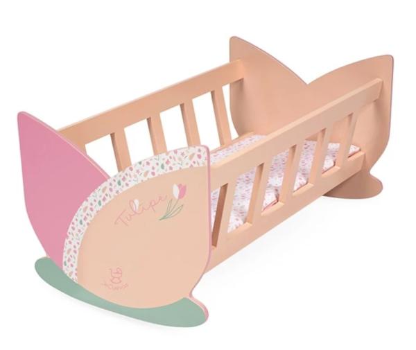 Carucioare papusi si accesorii - Patut leagan pentru papusi, din lemn, cu saltea reversibila inclusa, colectia Tulipe, Roz, bebelorelli.ro