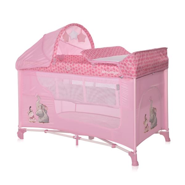 Lichidare de Stoc - Patut pliabil, Moonlight Plus, 2 nivele cu accesorii, Mellow Rose Fellows, bebelorelli.ro
