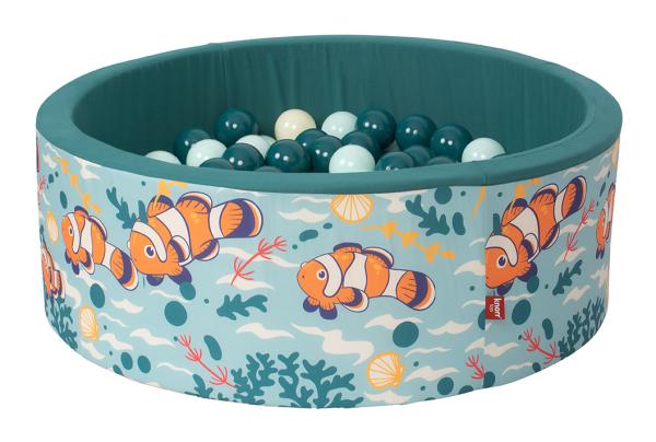 Gonflabile si bazine - Piscina cu bile pentru copii, Knorr Toys, contine 150 bile multicolore, umplutura din spuma moale, husa bumbac 100% detasabila si lavabila, diametru 90 cm, inaltime 30 cm, 0 Luni+, Clownfish, bebelorelli.ro