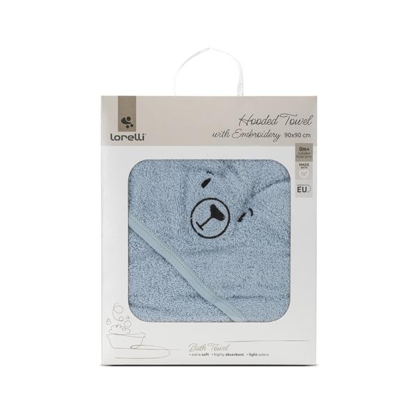 Accesorii baie - Prosop de baie cu gluga si broderie, 90 x 90 cm, 0 luni+, bumbac, Soft Blue, bebelorelli.ro