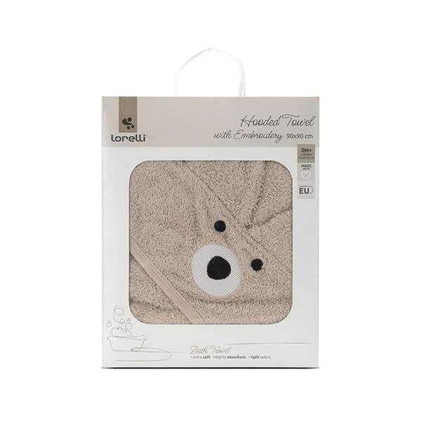 Accesorii baie - Prosop de baie cu gluga si broderie, 90 x 90 cm, 0 luni+, bumbac, Soft Beige, bebelorelli.ro