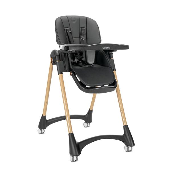 Scaune de Masa - Scaun de masa pentru copii, Tummy Time, reglabil multiple pozitii, roti din silicon, finisaj cu efect de lemn, Black, bebelorelli.ro