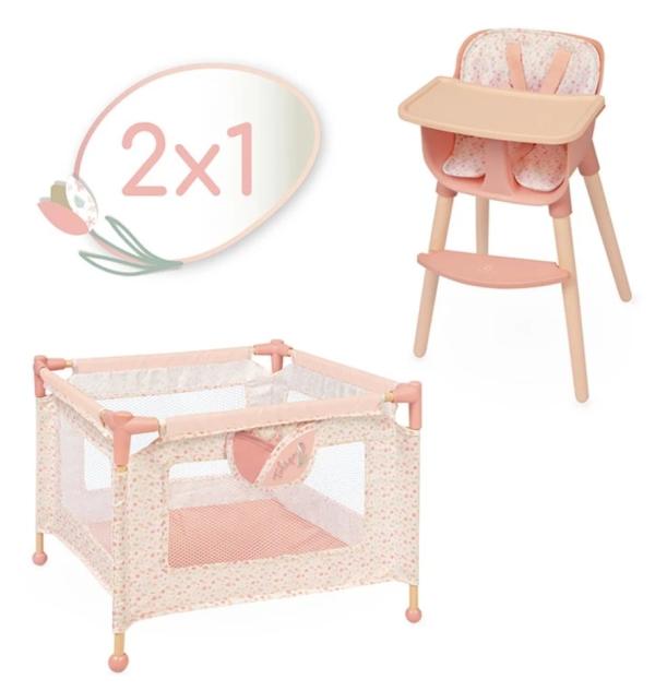 Carucioare papusi si accesorii - Set 2 in 1 pentru papusi, tarc de joaca si scaun de masa, lemn si textil, colectia Tulipe, Roz, bebelorelli.ro