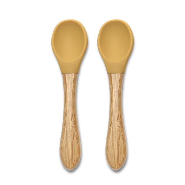 Articole hranire copii - Set 2 lingurite din silicon si bambus, forma ergonomica, 6 luni+, Yellow, bebelorelli.ro