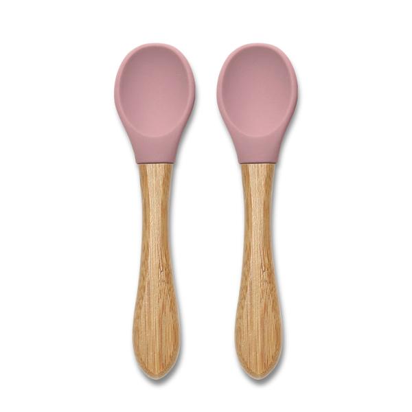 Articole hranire copii - Set 2 lingurite din silicon si bambus, forma ergonomica, 6 luni+, Pink, bebelorelli.ro