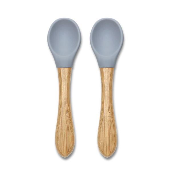 Set 2 lingurite din silicon si bambus, forma ergonomica, 6 luni+, Grey