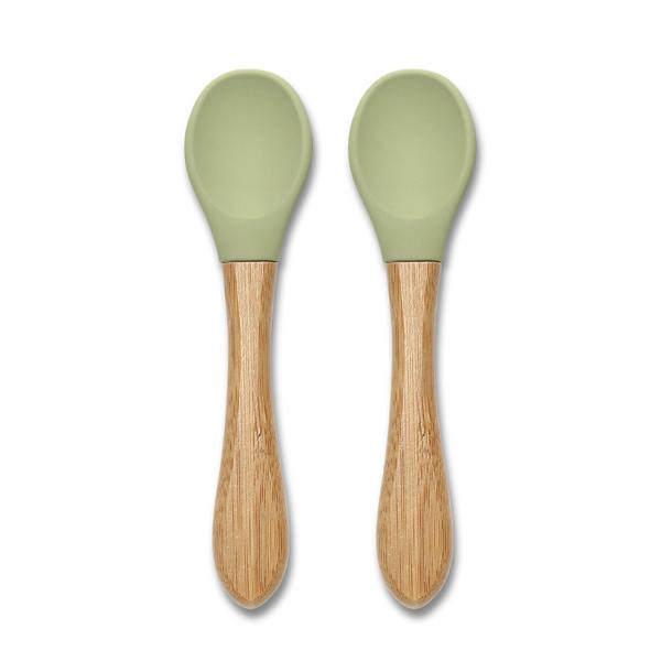Articole de hranire 0-3 ani - Set 2 lingurite din silicon si bambus, forma ergonomica, 6 luni+, Fresh Green, bebelorelli.ro