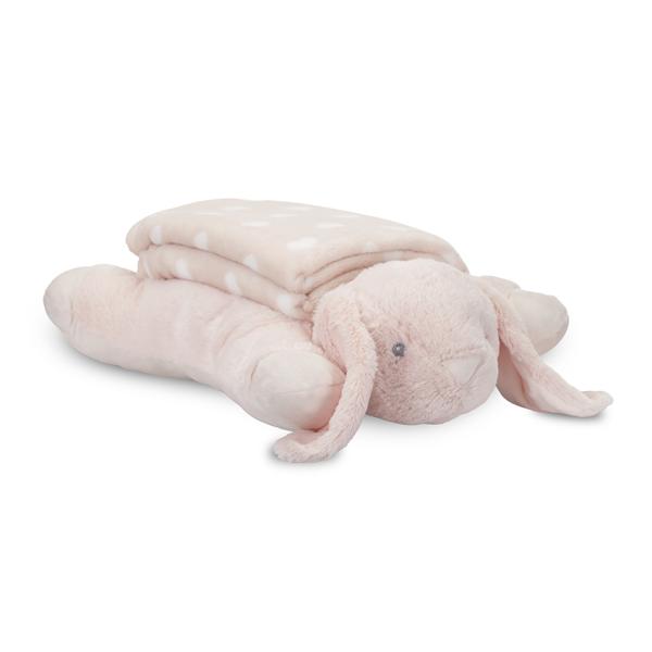 Perne si paturici - Set 2 piese, paturica moale 90 x 75 cm, pernuta in forma de iepuras 45 x 30 cm, Poffy, 0 luni+, Pink, bebelorelli.ro