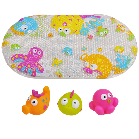 Jucarii bebelusi - Set de baie 4 piese, Knorr Toys, include covoras de baie din PVC 69x39 cm si 3 jucarii lumea subacvatica, 0 Luni+, bebelorelli.ro