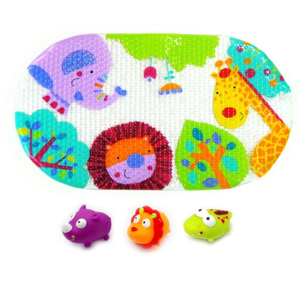 Jucarii bebelusi - Set de baie 4 piese, Knorr Toys, include covoras de baie din PVC 69x39 cm si 3 jucarii animalele junglei, 0 Luni+, bebelorelli.ro