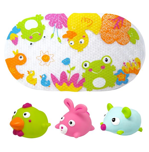 Jucarii bebelusi - Set de baie 4 piese, Knorr Toys, include covoras de baie din PVC 69x39 cm si 3 jucarii animalute, 0 Luni+, bebelorelli.ro