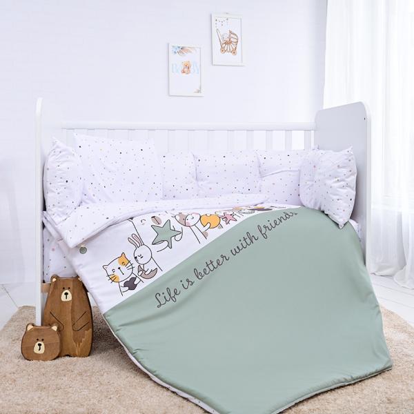 Lenjerii patuturi copii - Set lenjerie 7 piese, Lorelli, Lily, bumbac ranforce, pentru paturi 60 x120 cm, Happy Friends Mint, bebelorelli.ro