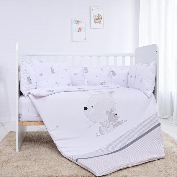 Set lenjerie 7 piese, lorelli, lily, bumbac ranforce, pentru paturi 60 x120 cm, little rabbits grey LORELLI