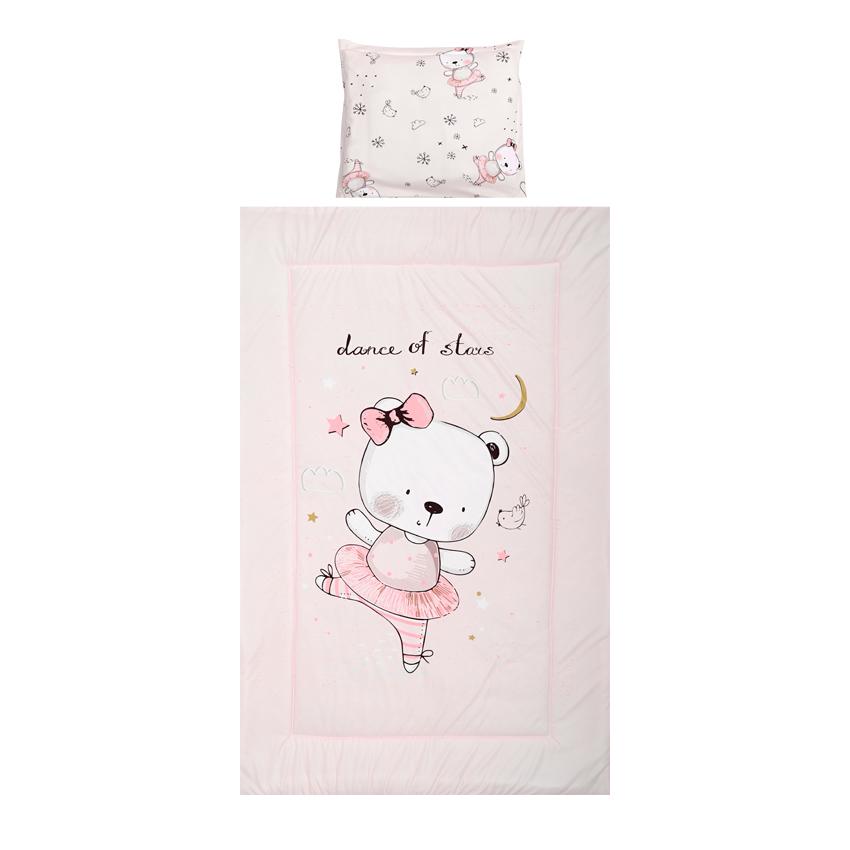 Lichidare de Stoc - Set lenjerie pat 3 piese, bumbac ranforce Cosy, Roz cu Ursulet Balerina, bebelorelli.ro