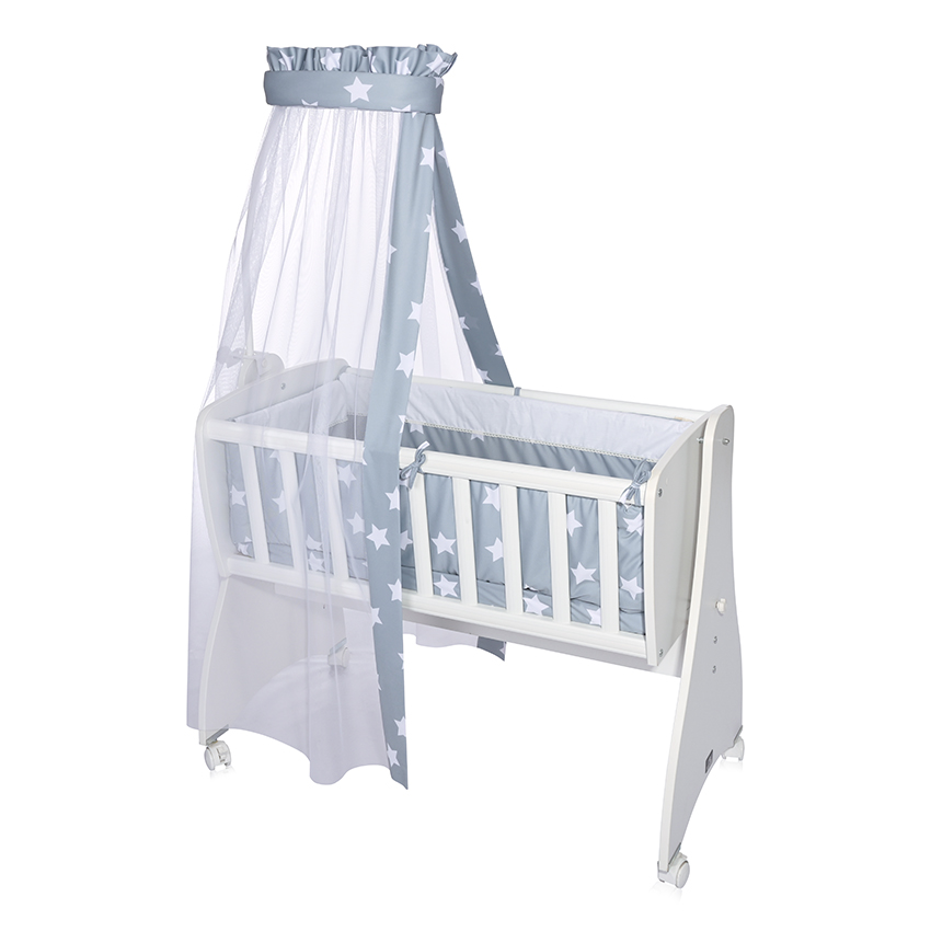 Lenjerii patuturi copii - Set lenjerie pat 7 piese, bumbac ranforce, pentru pat balansoar First Dreams, Blue Grey Mist Stars, bebelorelli.ro