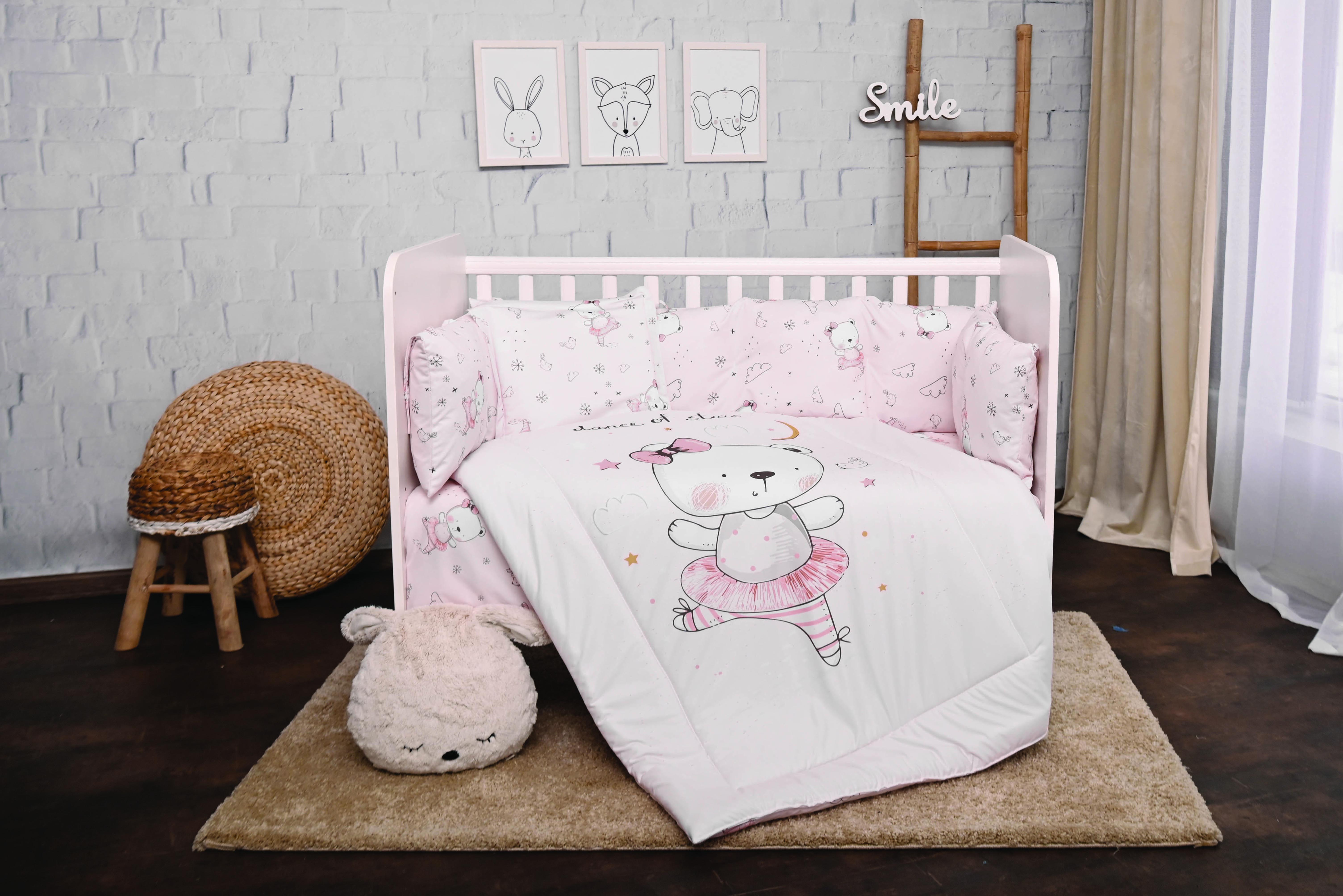 Lenjerii patuturi copii - Set lenjerie pat 7 piese, Lily, bumbac ranforce, Pink Balerina Bear, bebelorelli.ro