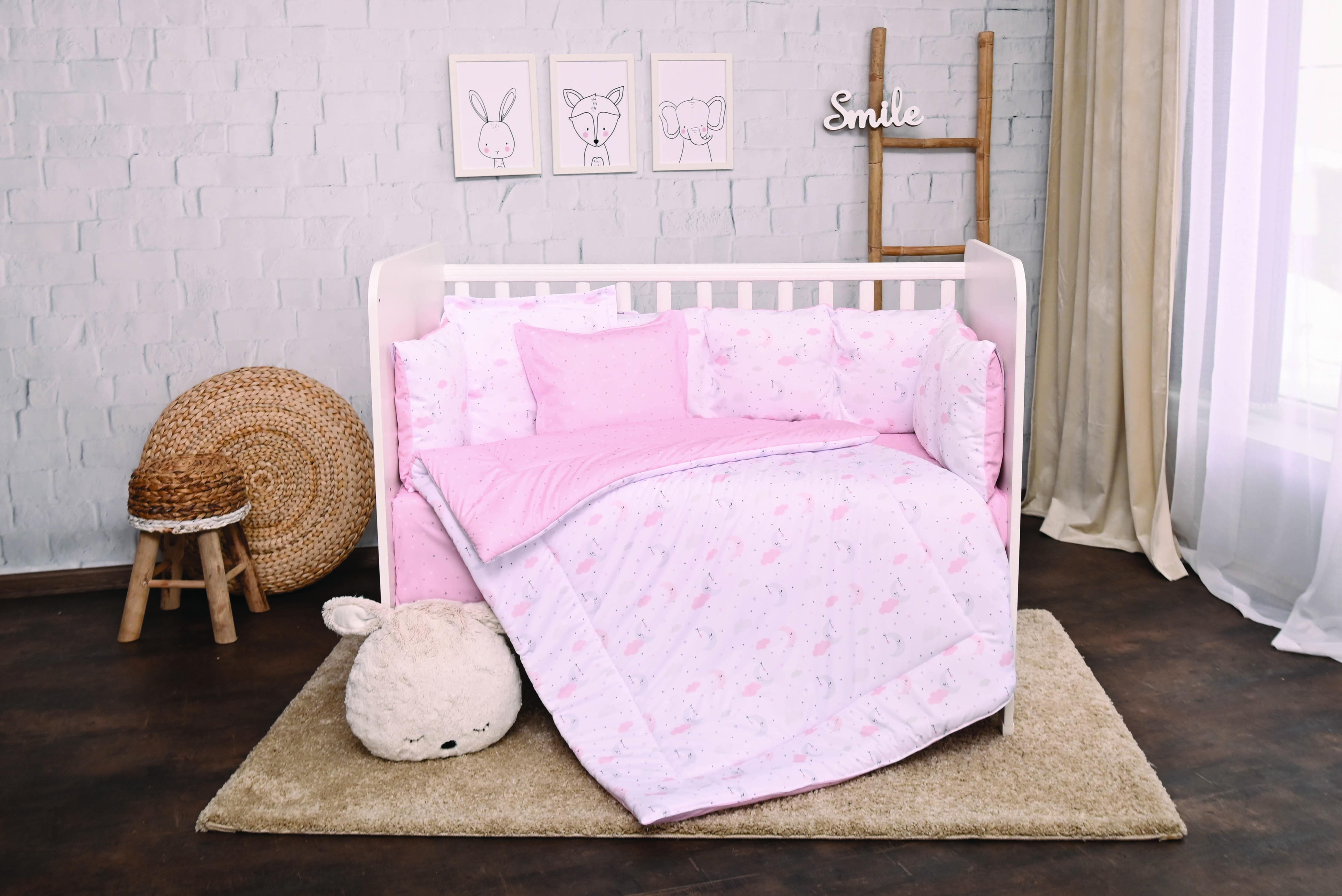 Lenjerii patuturi copii - Set lenjerie pat 7 piese, Lily, bumbac ranforce, Pink Moons & Stars, bebelorelli.ro