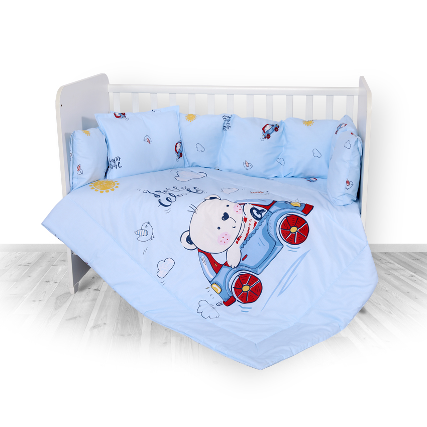 Lichidare de Stoc - Set lenjerie pat 8 piese, 70x140 cm, bumbac ranforce, Bear & Car Blue, bebelorelli.ro