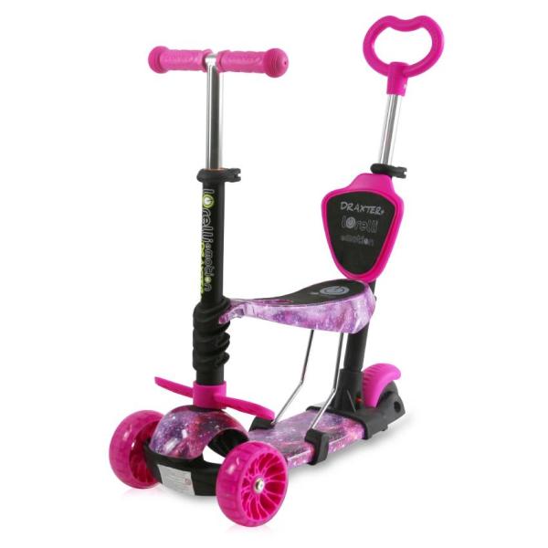 Trotineta reglabila pentru copii, draxter, sezut cu spatar, maner parental, 3 ani+, pink galaxy LORELLI