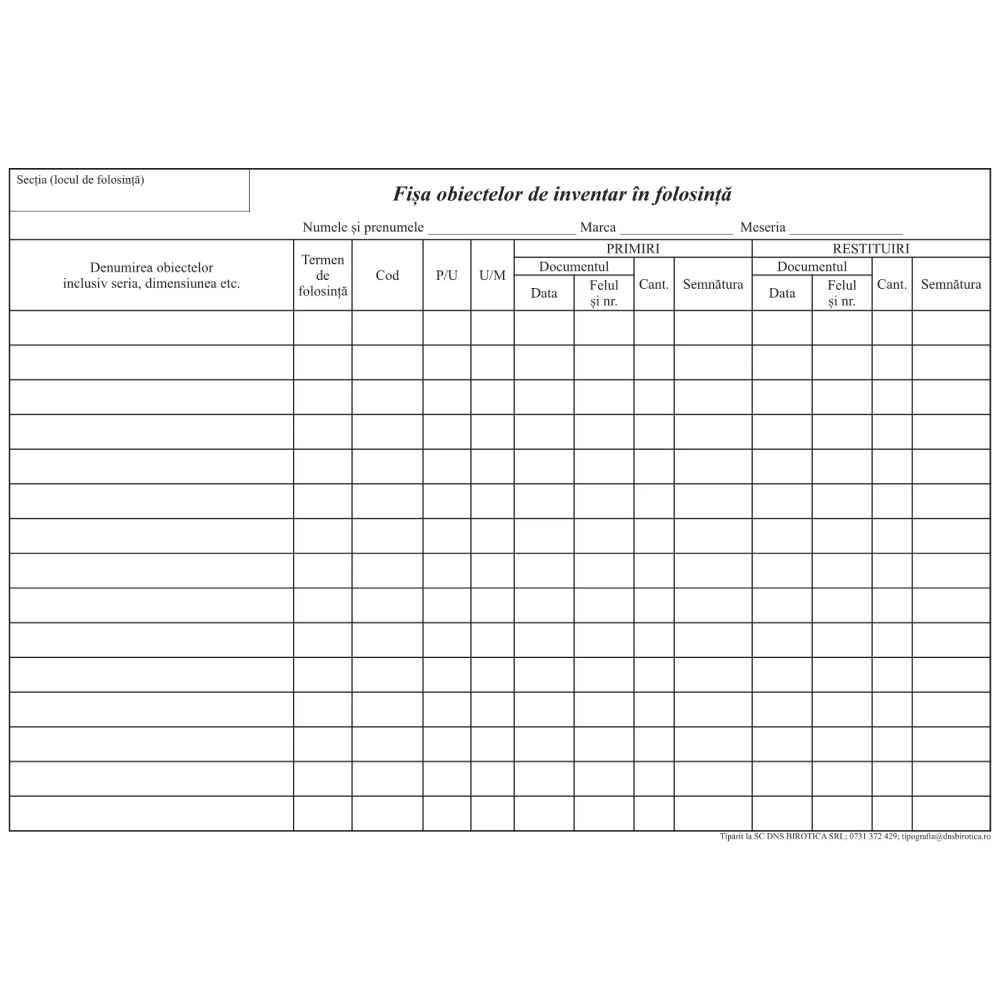 model plan de evacuare a persoanelor/bunurilor in caz de incendiu Fisa evidenta obiectelor de inventar in folosinta a4 carton 120g
