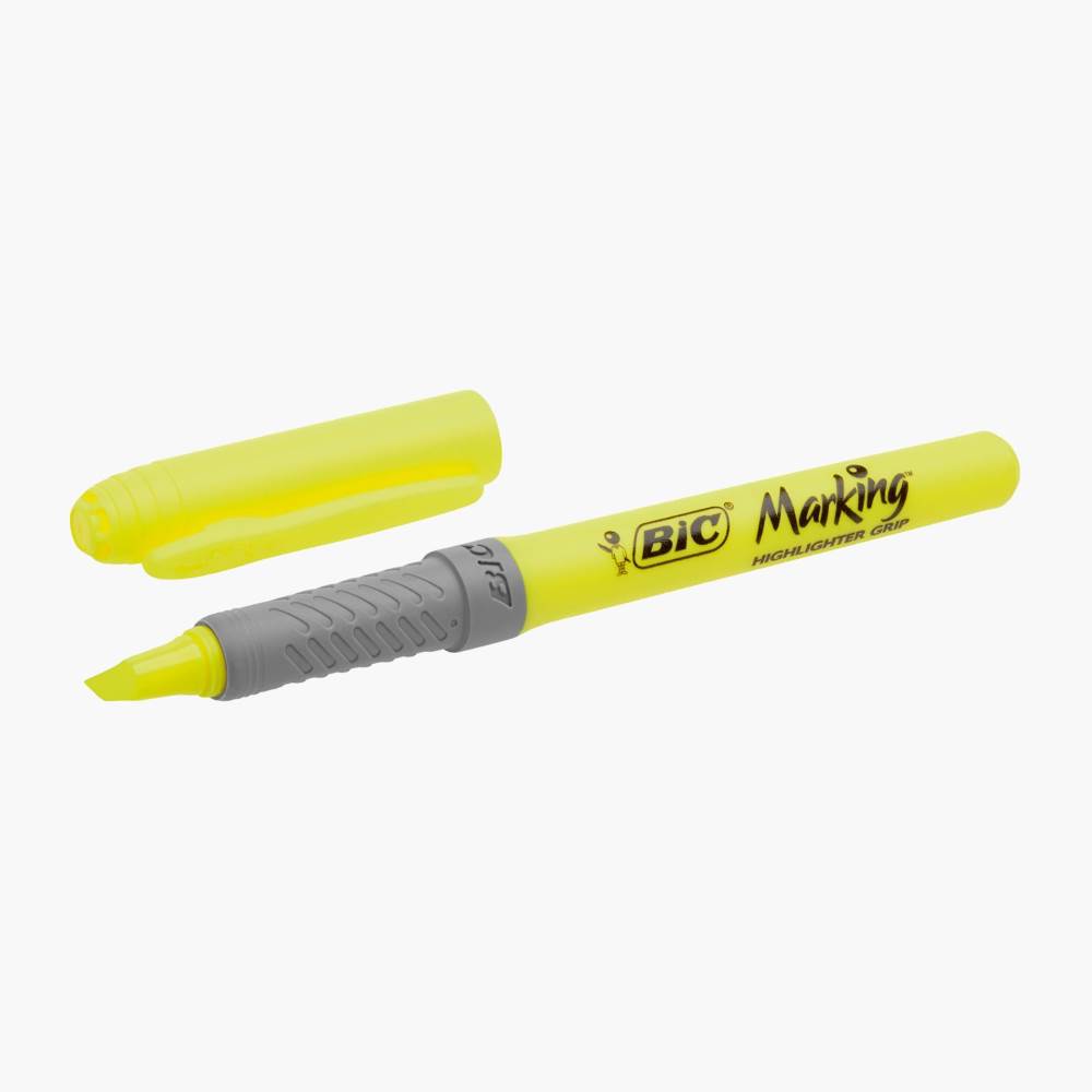 creează un text nonliterar despre o invenție Text marker varf tesit galben brite liner grip bic