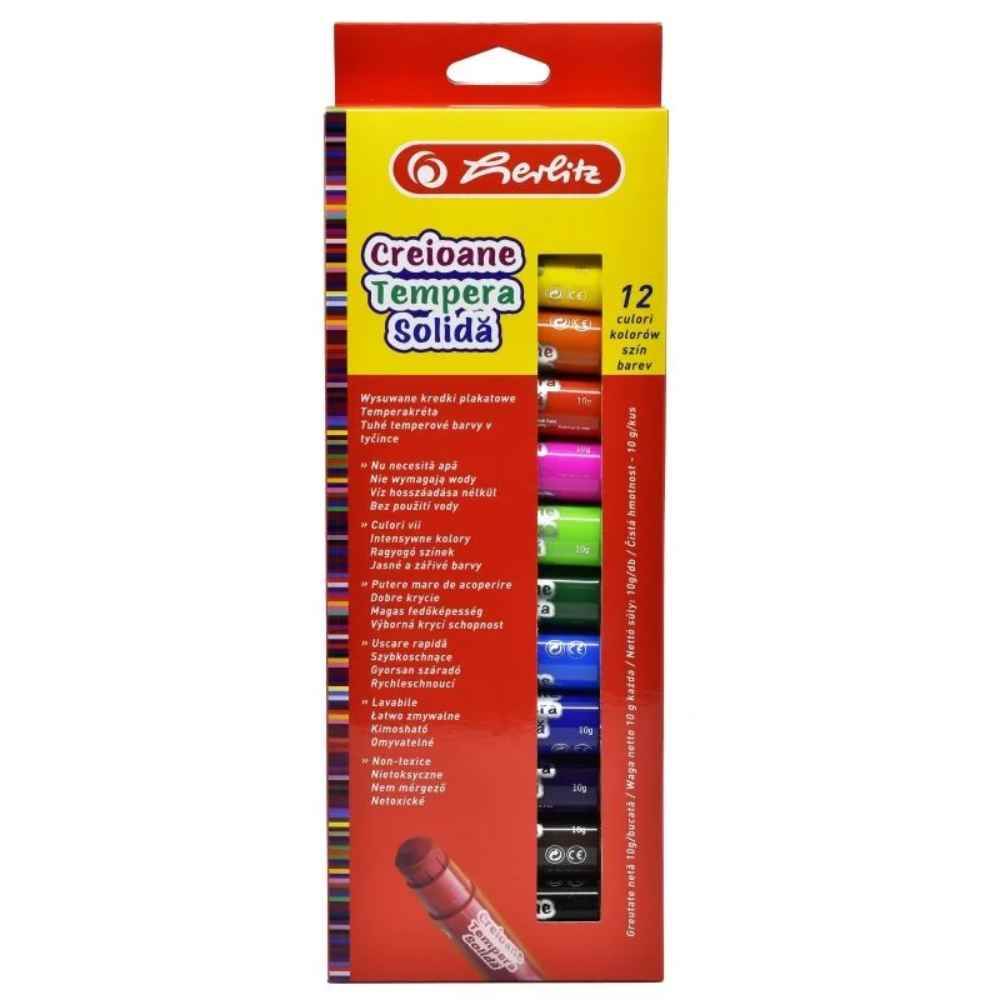 Creioane colorate si carioci - Creioane tempera 12 culori/set 10gr HERLITZ, depozituldns.ro
