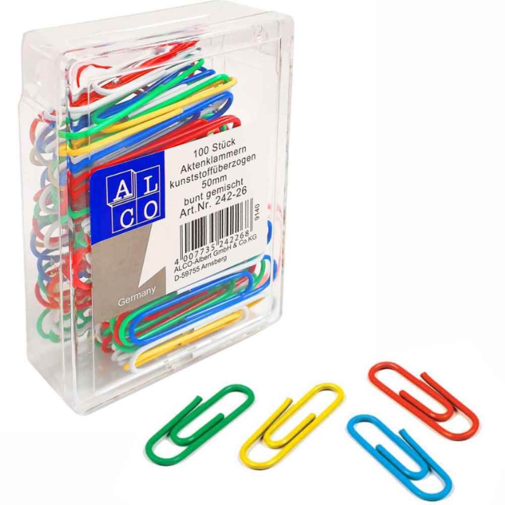 Agrafe birou, metal acoperit cu plastic, colorate, 50 mm, 100 buc/cutie, alco