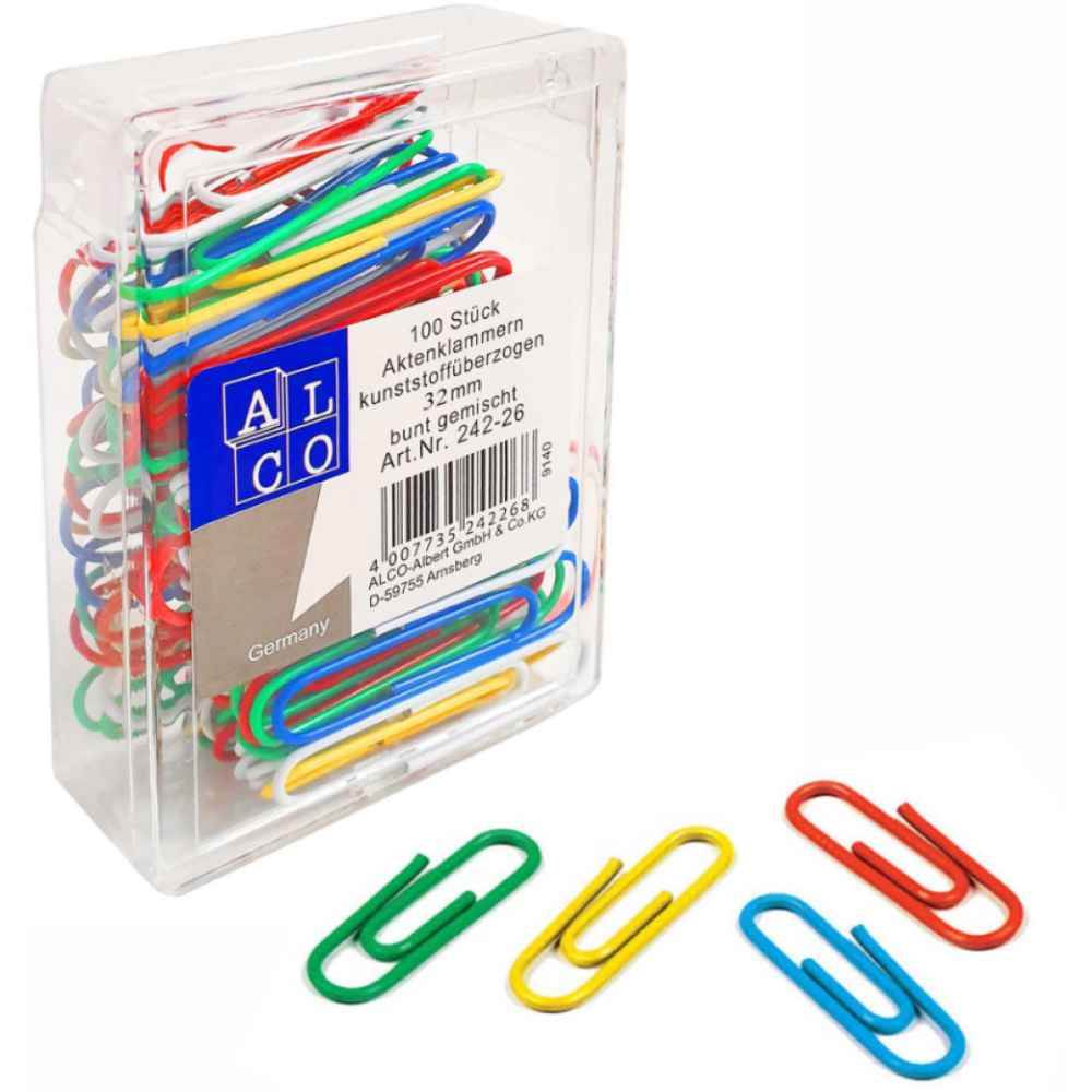 Agrafe de birou color nichelate acoperite cu plastic color 32 mm 100 buc/cutie alco