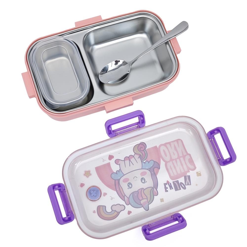 Set pranz scoala complet inox, cutie 2 compartimente 700 ml,