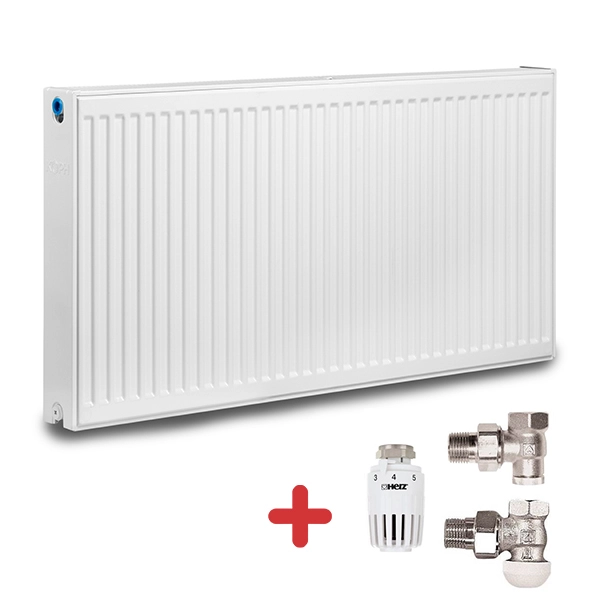 Pachet calorifer (radiator) din otel KOPH, tip 22, 300x1000 mm, 984W + Cap termostatic si 2 robineti tur-retur Herz