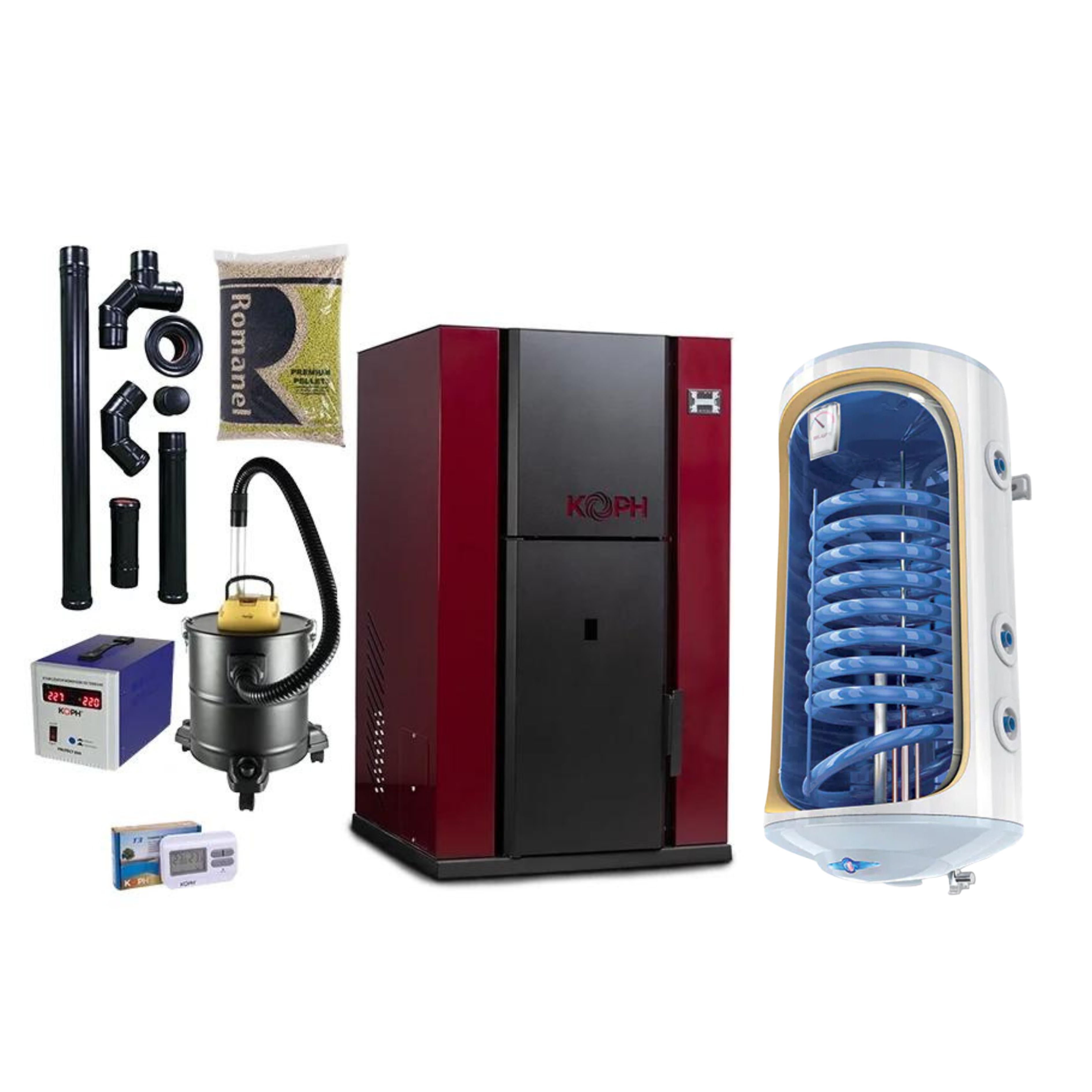Pachet centrala peleti koph pm 35 kw, buncar peleti 80 kg, pompa recirculare si vas expansiune incorporate + boiler termo-electric vertical tesy bilight cu 1 serpentina gcv9s, 120l, 8 bar