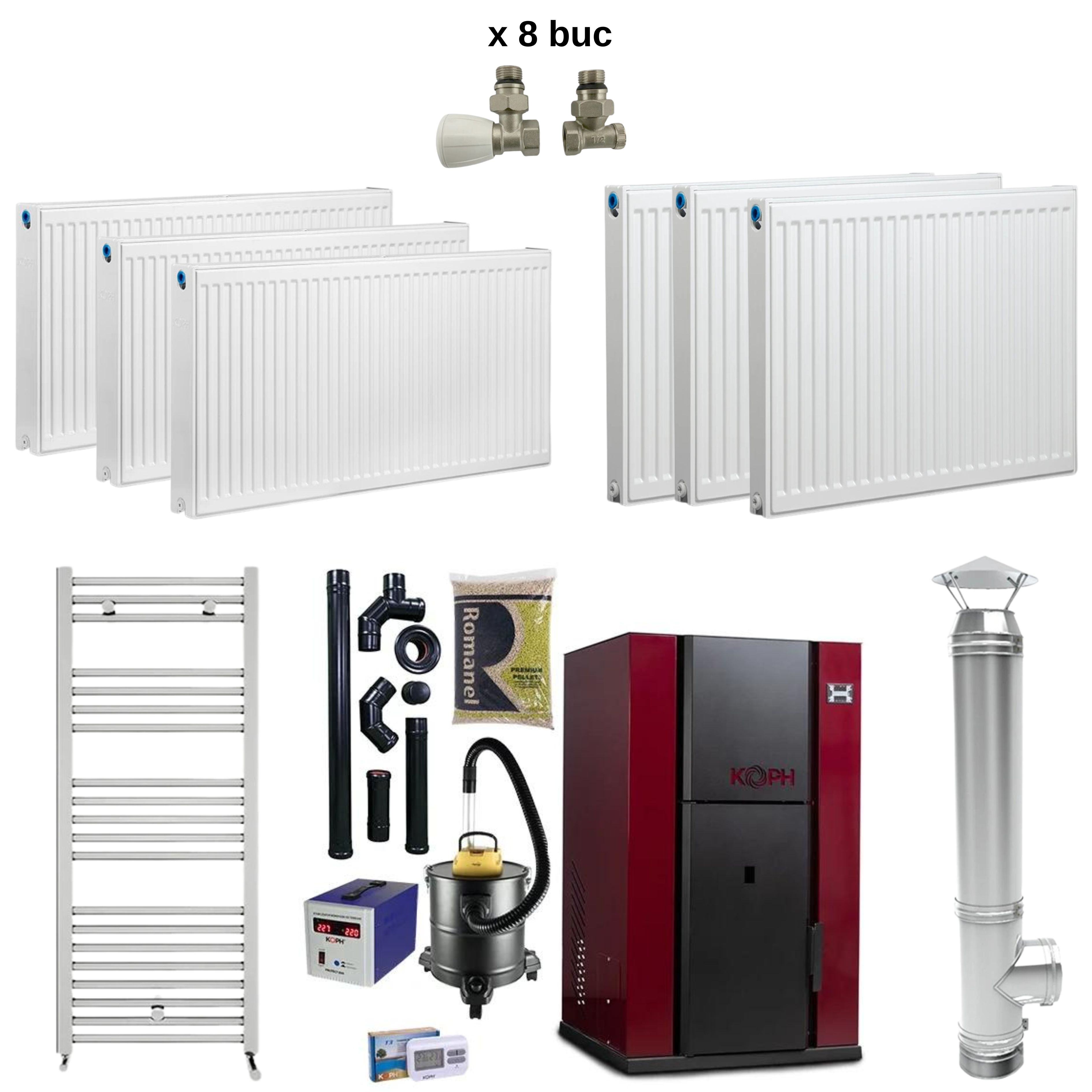 Pachet centrala peleti koph pm 35 kw, buncar peleti 80 kg, pompa recirculare si vas expansiune incorporate, bordo + cos de fum din inox, 120 mm interior + calorifere koph