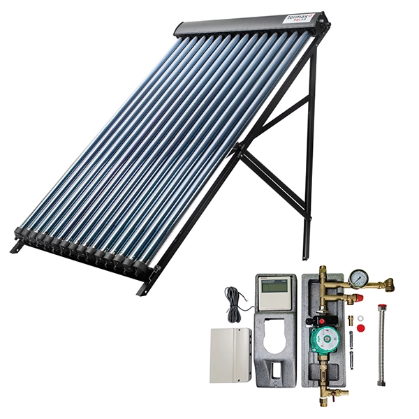 Pachet colector solar cu 15 tuburi vidate echipate cu heat-pipe, control temperatura, Termax Solar + Grup de pompare solar Termax cu automatizare si vas expansiune 12 litri
