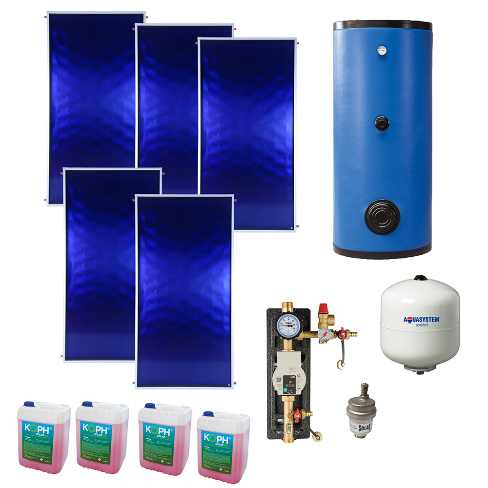 Pachet panou solar plan echipat cu tuburi din cupru cu diametrul de 8 mm, 10 bar, Panosol + Boiler stativ Termax 500 litri cu 2 serpentine + grup pompare Herz cu automatizare + lichid antigel + aerisitor automat solar + vas expansiune 35 litri