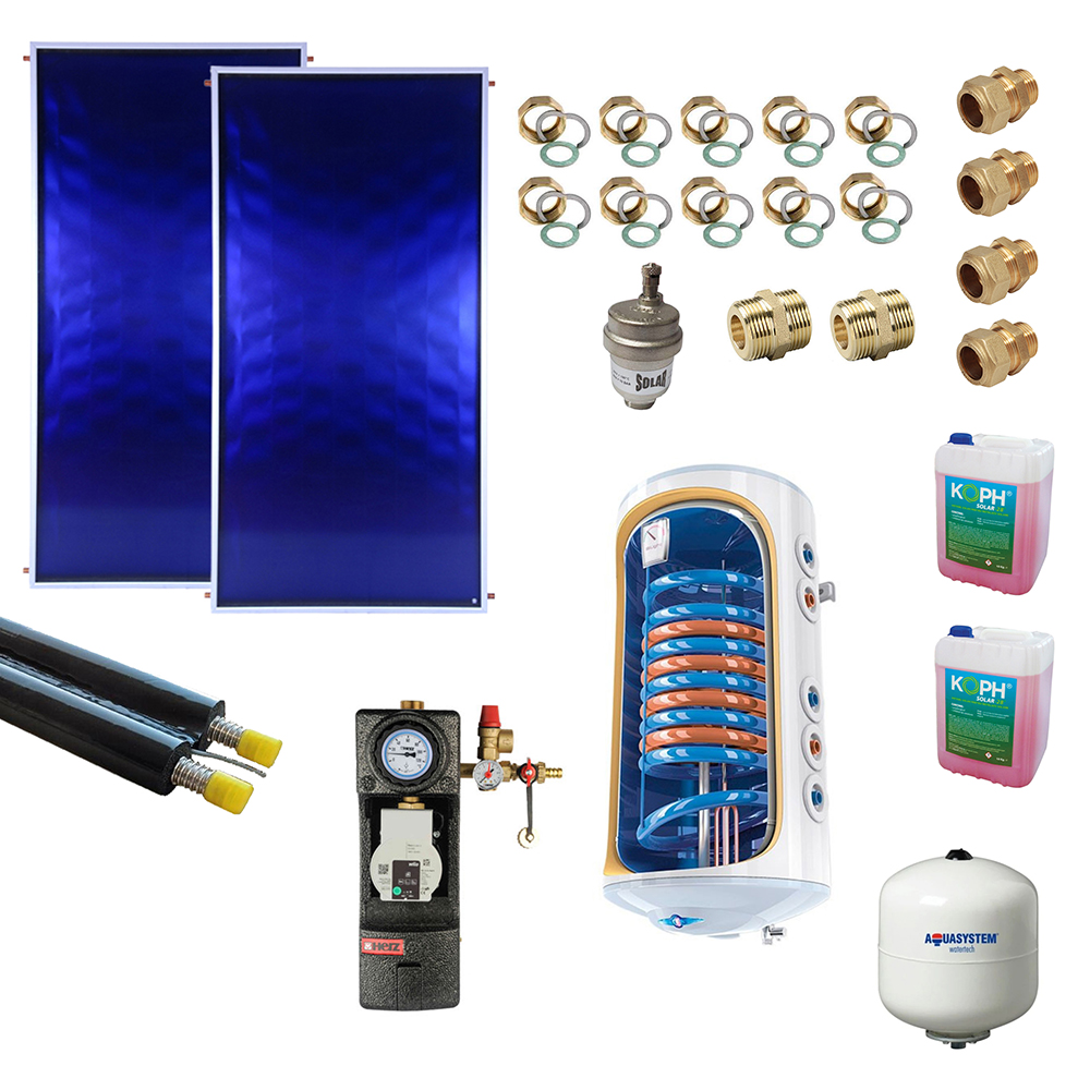 Pachet panou solar plan echipat cu tuburi din cupru cu diametrul de 8 mm, 10 bar, Panosol + Boiler Tesy 150 litri cu 2 serpentine + grup pompare Herz cu automatizare + lichid antigel + aerisitor automat solar + vas expansiune 12 litri + accesorii