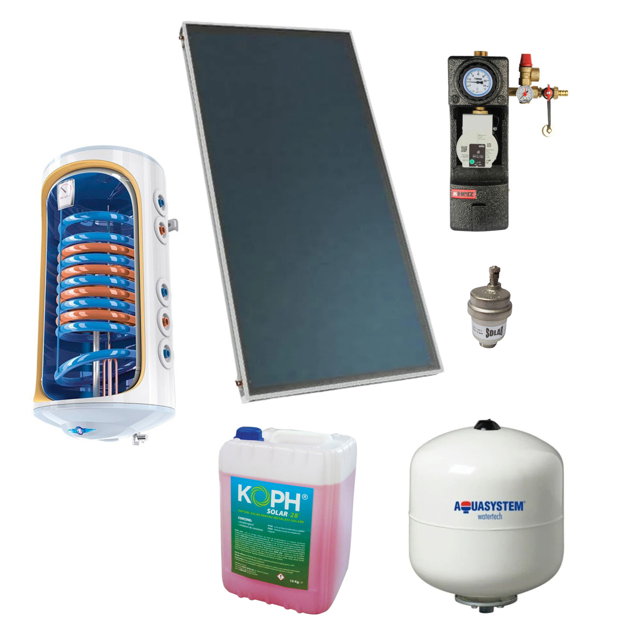 Pachet panou solar plan selectiv Tesy SP 08 200 CSL echipat cu boiler Tesy 120 litri cu 2 serpentine + grup pompare Herz cu automatizare + antigel + aerisitor automat solar + vas expansiune solar 12 litri