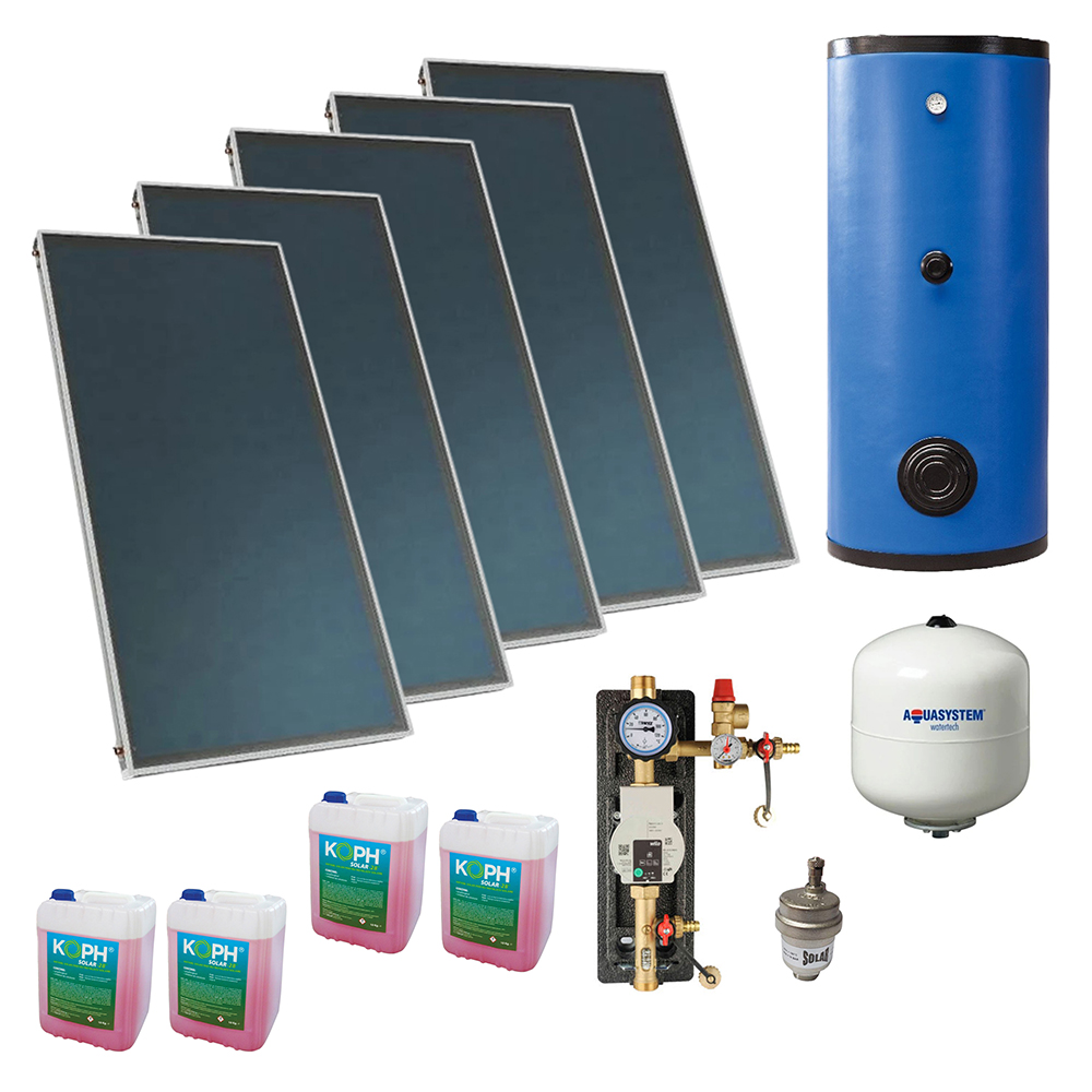 Pachet panou solar plan selectiv Tesy SP 08 200 CSL + Boiler stativ Termax 500 litri cu 2 serpentine + grup pompare Herz cu automatizare + lichid antigel + aerisitor automat solar + vas expansiune 35 litri